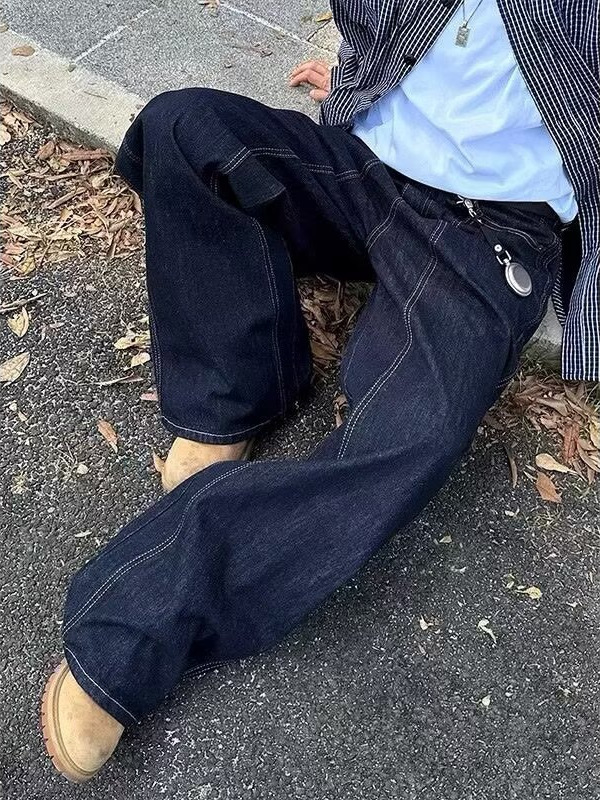 美式复古蓝色弯刀牛仔裤男春秋季港风潮牌宽松设计感休闲直筒裤子|undefined