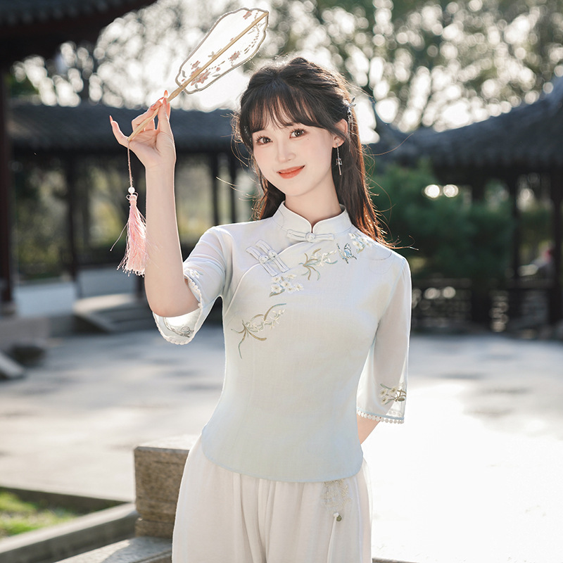 良質中国風夏綿とリネン半袖刺繍スタンドカラースリムレトロ文学茶服トップスーツ|undefined