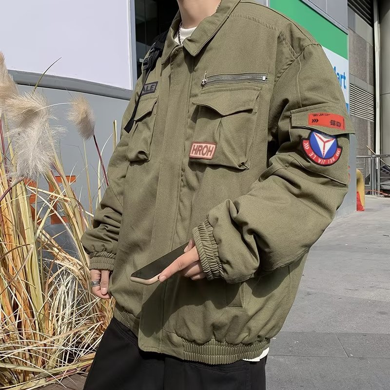 Chaqueta suelta de traje de trabajo de aviador retro americano para hombre, chaqueta de solapa de primavera y otoño