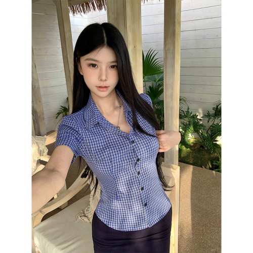 Women's Fitted Slimming Short-Sleeve Plaid Belted Short Shirts (Korean Style)