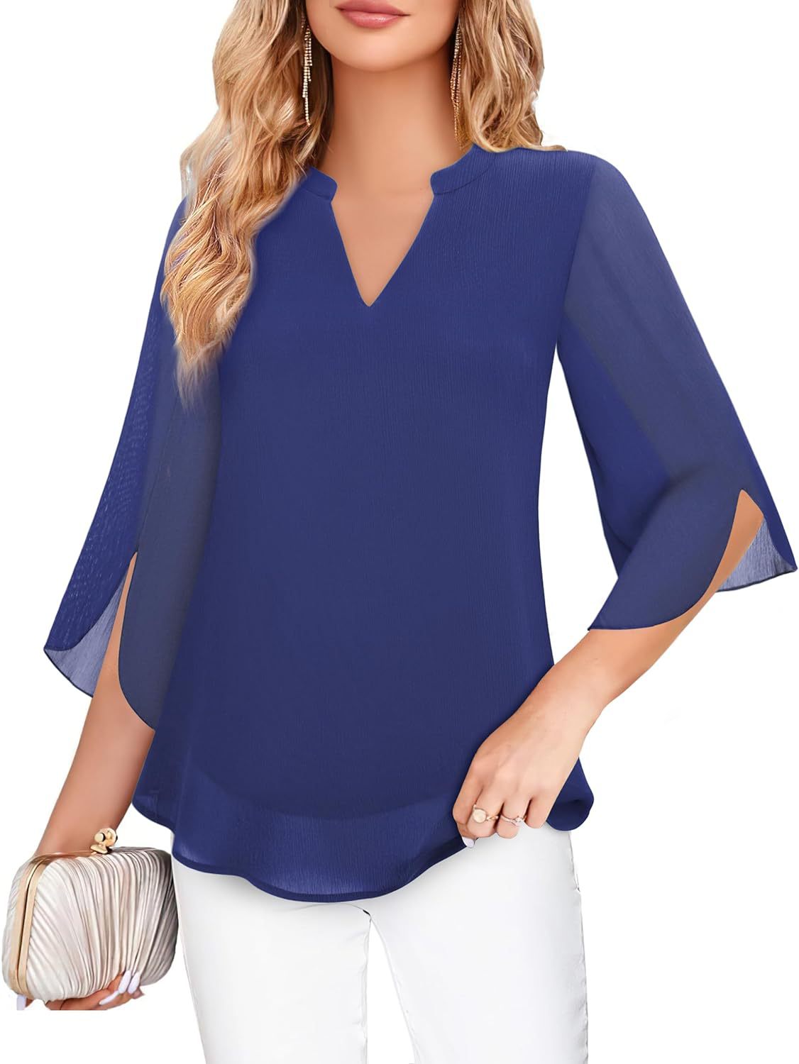 Damen Chiffonbluse Mit V-ausschnitt Und Blütenärmeln_voghion.com