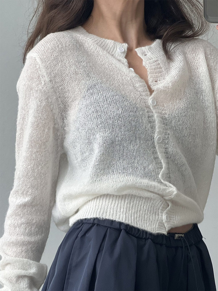 Áo cardigan len nữ dệt kim mỏng cổ tròn dáng rộng phối nút — Vàng nhạt, màu hồng, màu nâu, trắng chi tiết 3