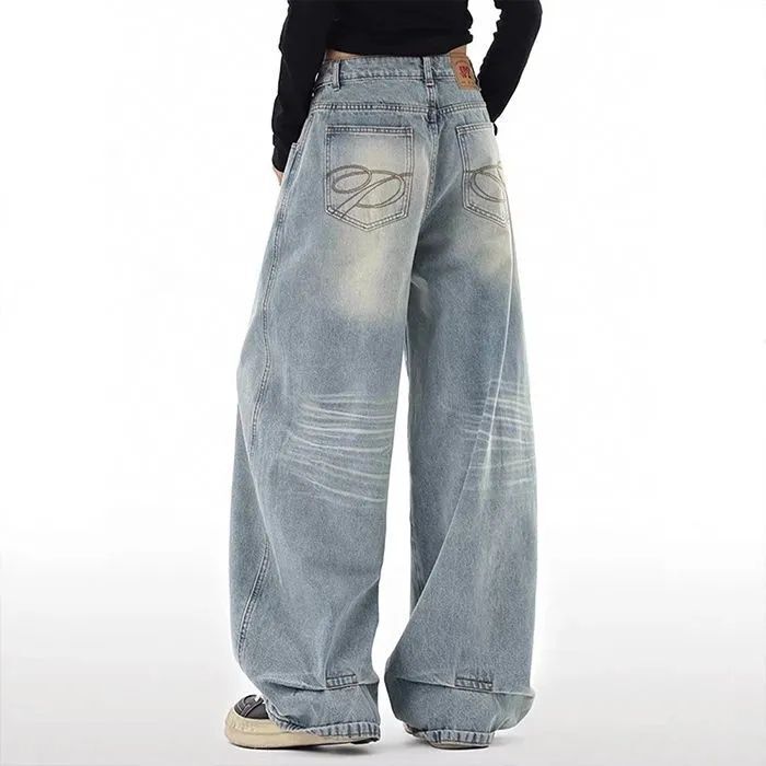 Autumn New American Retro Style Pocket Embroidery Design Wide-Leg Jeans High-Waisted Straight Loose Floor-Length Pants Autumn New American Retro Style Pocket Embroidery Design Wide-Leg Jeans High-Waisted Straight Loose Floor-Length Pants