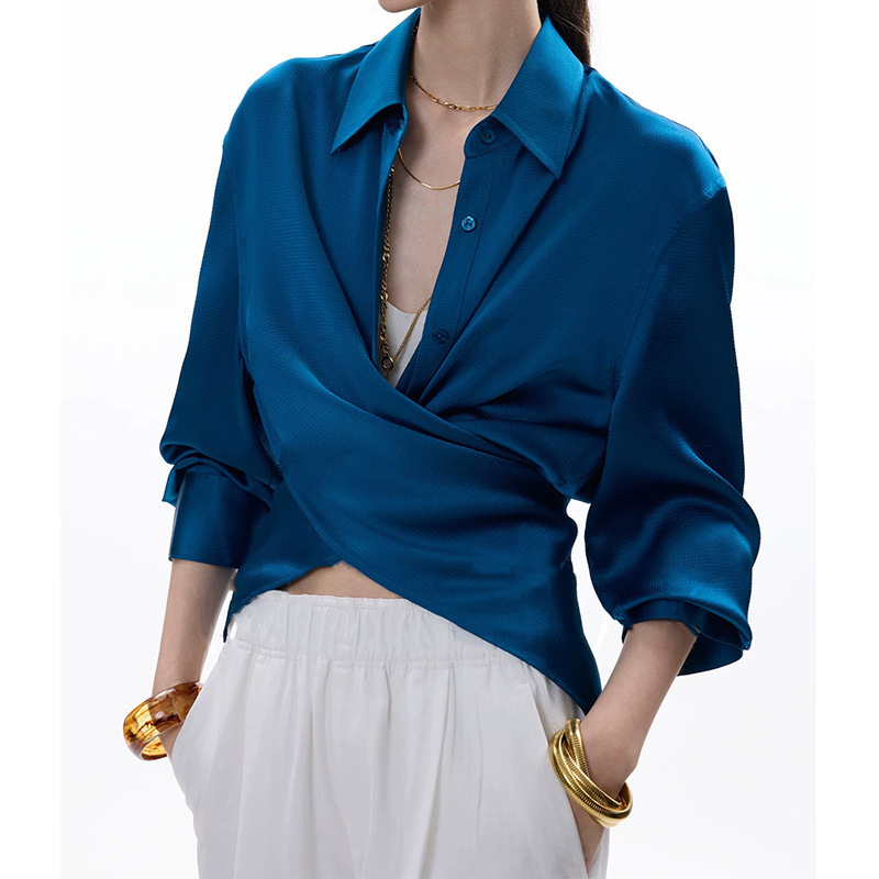 Ready-Made Manufacturers Wholesale Fashionable Wrap-Style Stereo Texture Soft Light Pearl Satin Acetate Slimming Look Shirt for Women