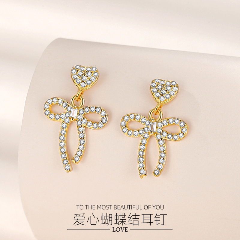 S925 precioso arco pendientes de plata esterlina 925 al por mayor de diamantes llenos pendientes de plata aguja femenina lindo arco pendientes