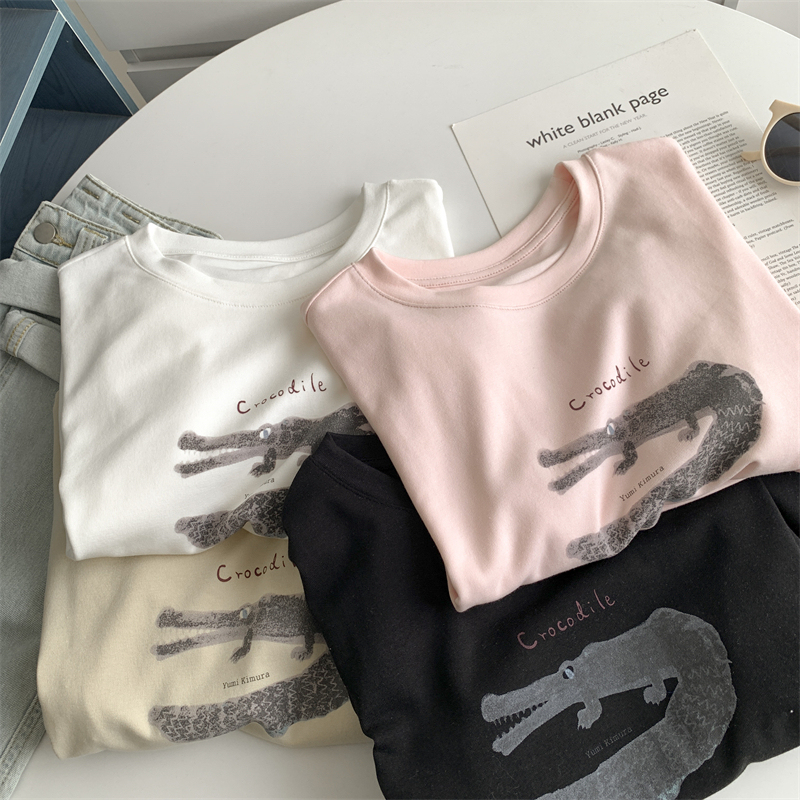 Korean Style Cartoon Crocodile Print Short-sleeved T-shirt Women's pink Loose Casual Thin Breathable White Top Women's Summer Korean Style Cartoon Crocodile Print Short-sleeved T-shirt Women's pink Loose Casual Thin Breathable White Top Women's Summer
