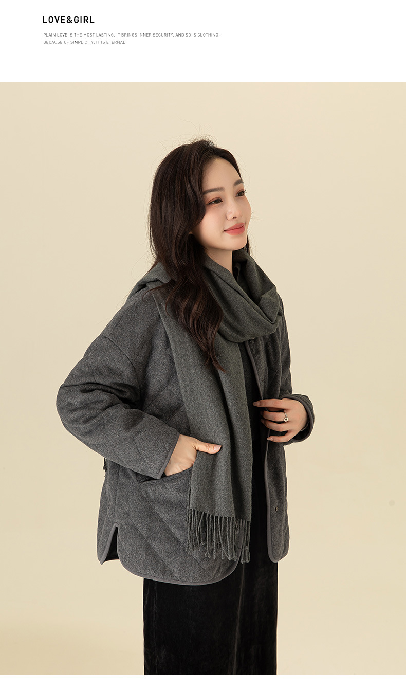 Áo khoác cardigan dáng dài cổ V họa tiết kim cương hai túi, 90% lông vũ trắng — Xám mã não chi tiết 26