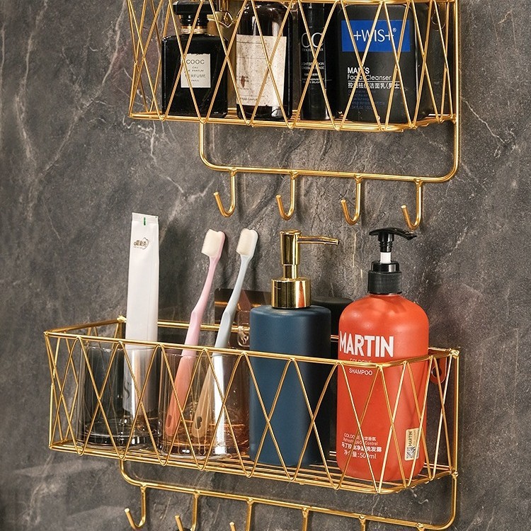 Iron Wall-Mounted Storage Rack for Bathroom and Toilet, No-Drill Wall Hanging Shelf for Bedroom and Bathroom