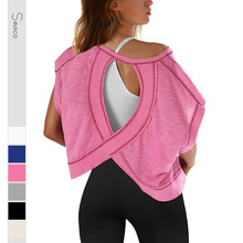 亚马逊欧美外贸女装2025新款女士美背运动瑜伽款T恤宽松休闲透气