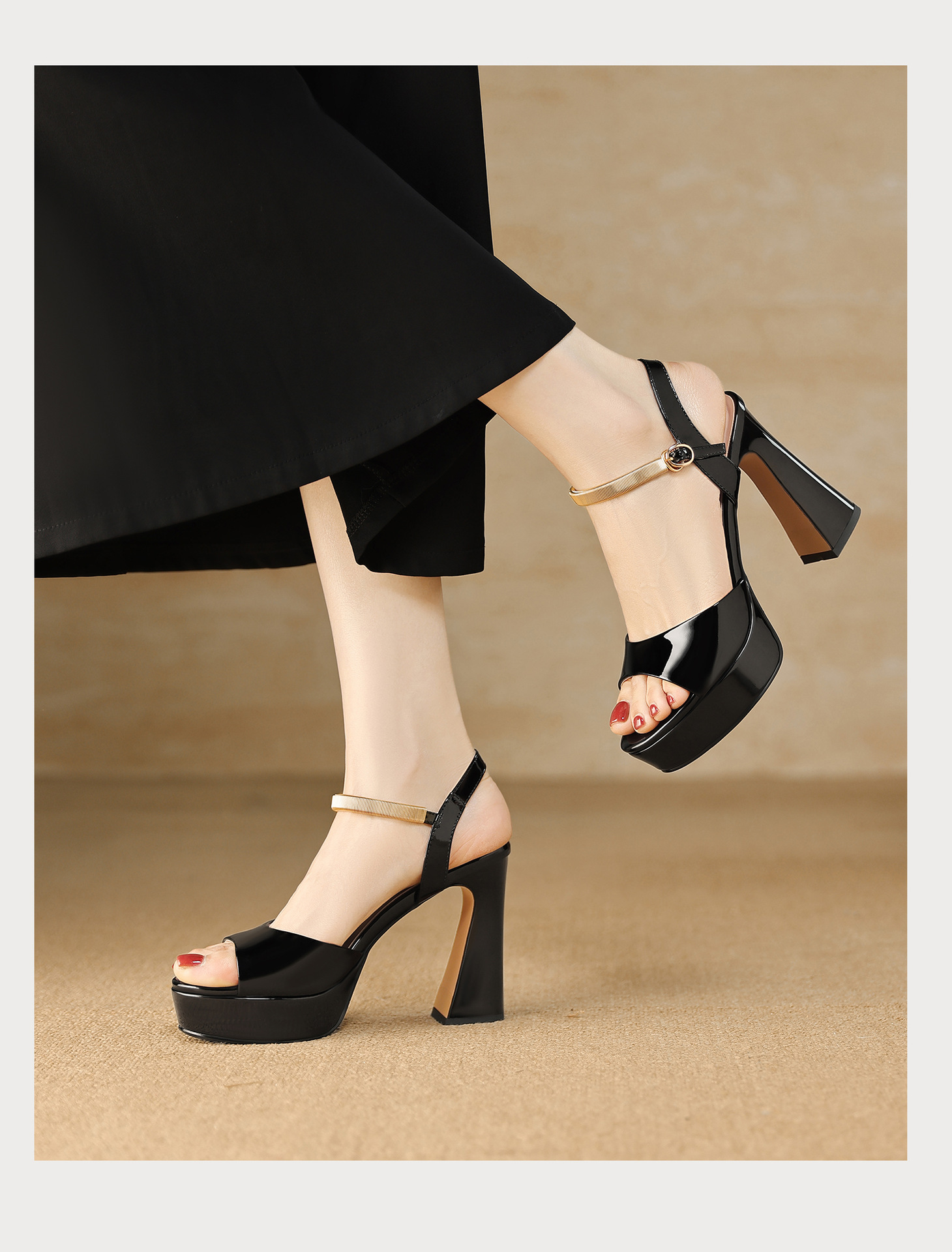 Sandal peep toe nữ quai ngang gót vuông platform đế cao 9 cm — màu đen, màu trắng ngà chi tiết 17
