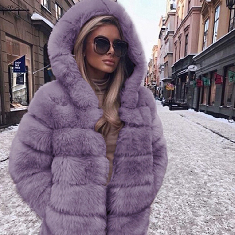 Women's Clothing Autumn and winter new women's mid length swing hood fur jacket top women's plush warm jacket_voghion.com