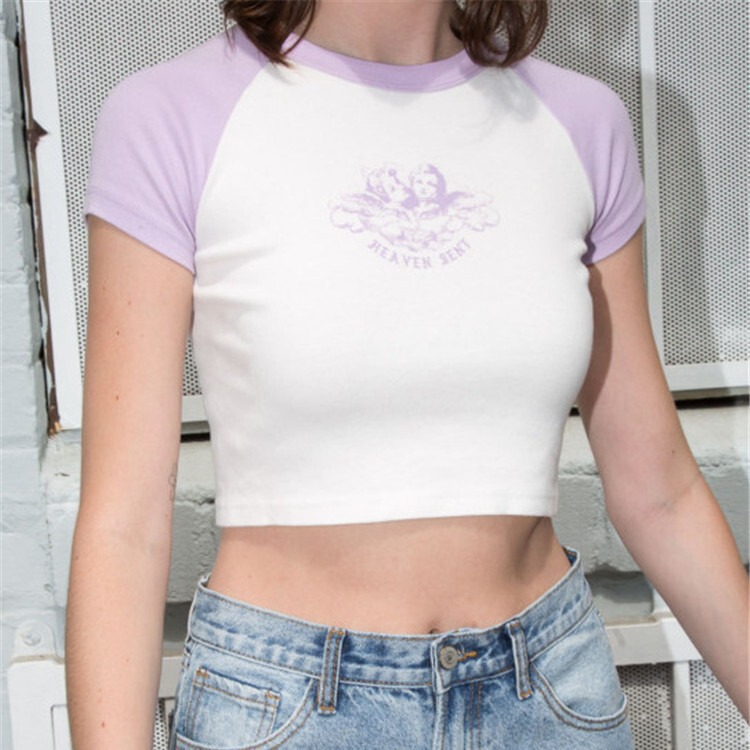 BM-style Brandy Same Style New Slim-fit Short Navel-exposed T-shirt Women's Bm Color-matching Ras-shoulder Knitted Short-sleeved Top Trendy BM-style Brandy Same Style New Slim-fit Short Navel-exposed T-shirt Women's Bm Color-matching Ras-shoulder Knitted Short-sleeved Top Trendy