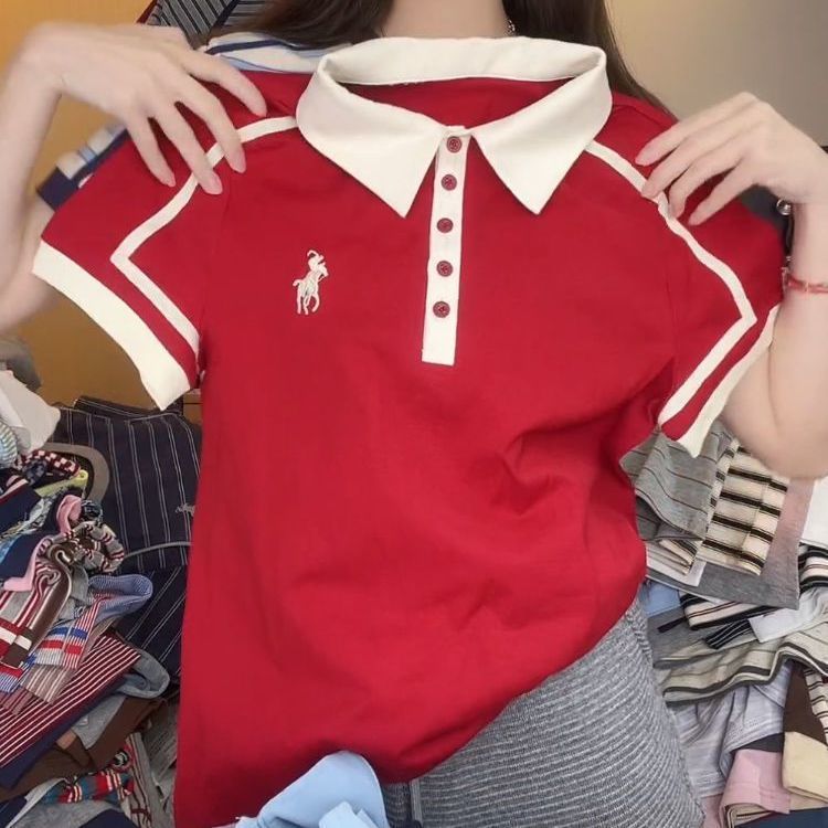 大码拼接撞色Polo领短袖t恤女夏季2025新款宽松显瘦遮肉百搭上衣
