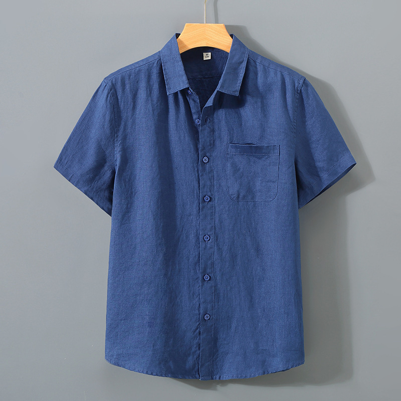 923 無地リネンシャツメンズ半袖夏の基本通気性薄いリネン服中国風のレトロカジュアル|undefined