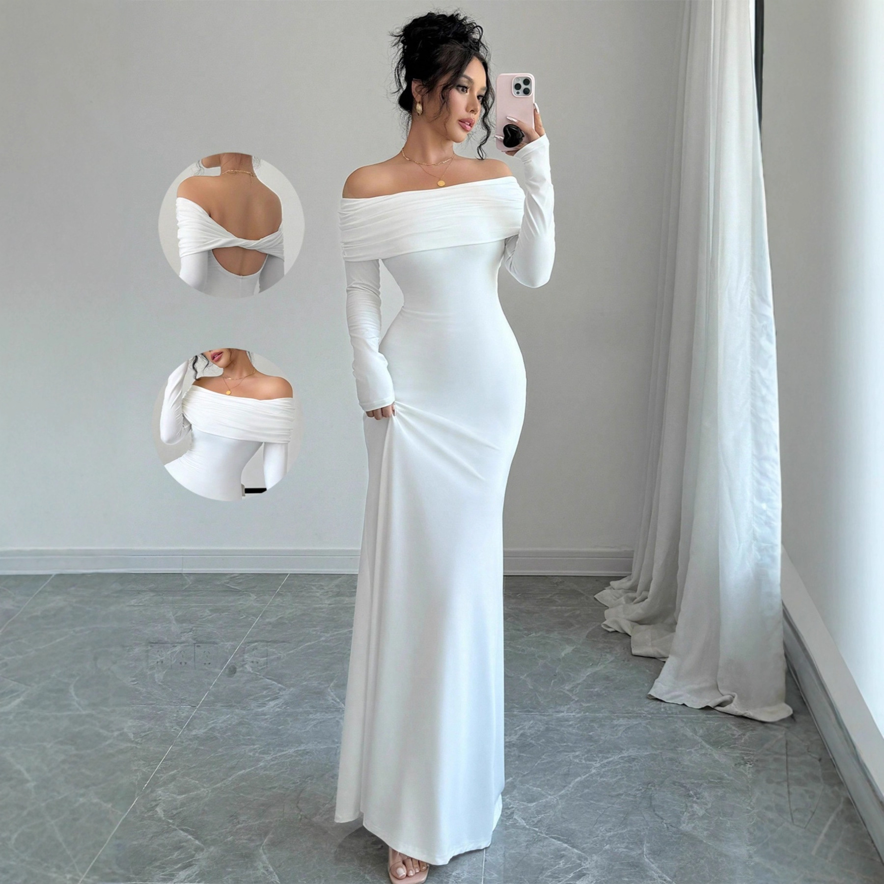 European and American Foreign Trade 2025 Autumn and Winter New Off-Shoulder Ruched Slim-Fit Fashionable and Elegant Long Dress Evening Gown Dress