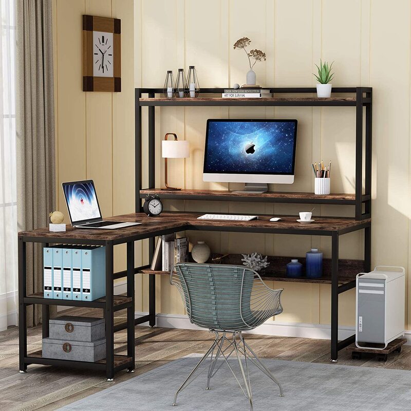 Large Gaming Desk with Steel and Wood Structure, Writing Desk with Cabinet and Storage Shelves, L-Shaped Home Office Desk, Trendy Large Gaming Desk with Steel and Wood Structure, Writing Desk with Cabinet and Storage Shelves, L-Shaped Home Office Desk, Trendy