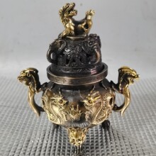 古玩铜器收藏二龙戏珠天狗熏香炉摆件工艺 包浆醇厚型态完整