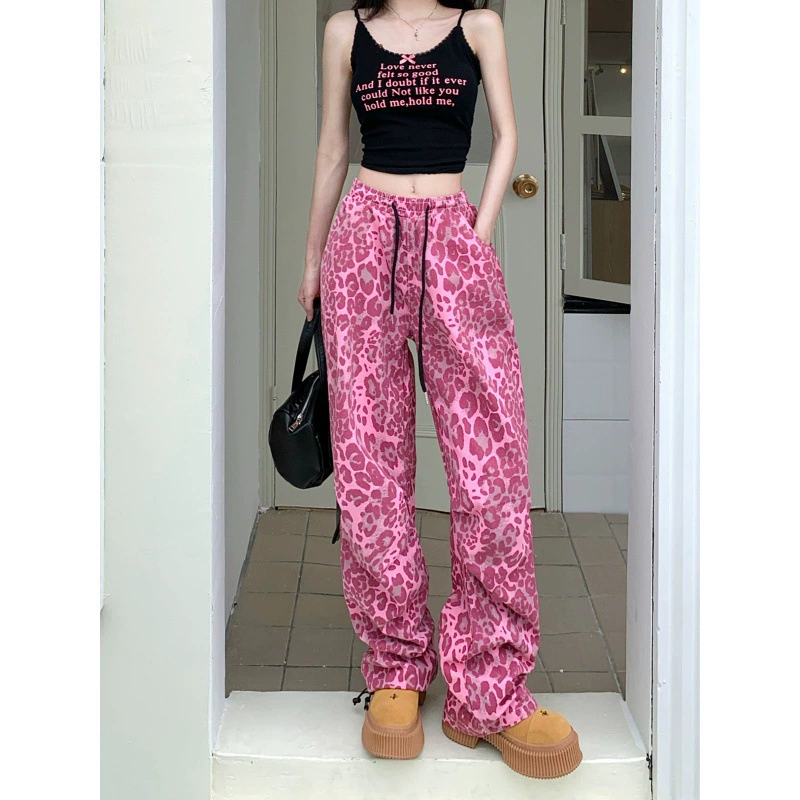 2024-Май американский ретро высокая улица розовый леопардовый хип-хоп широкие брюки женские джазовые брюки