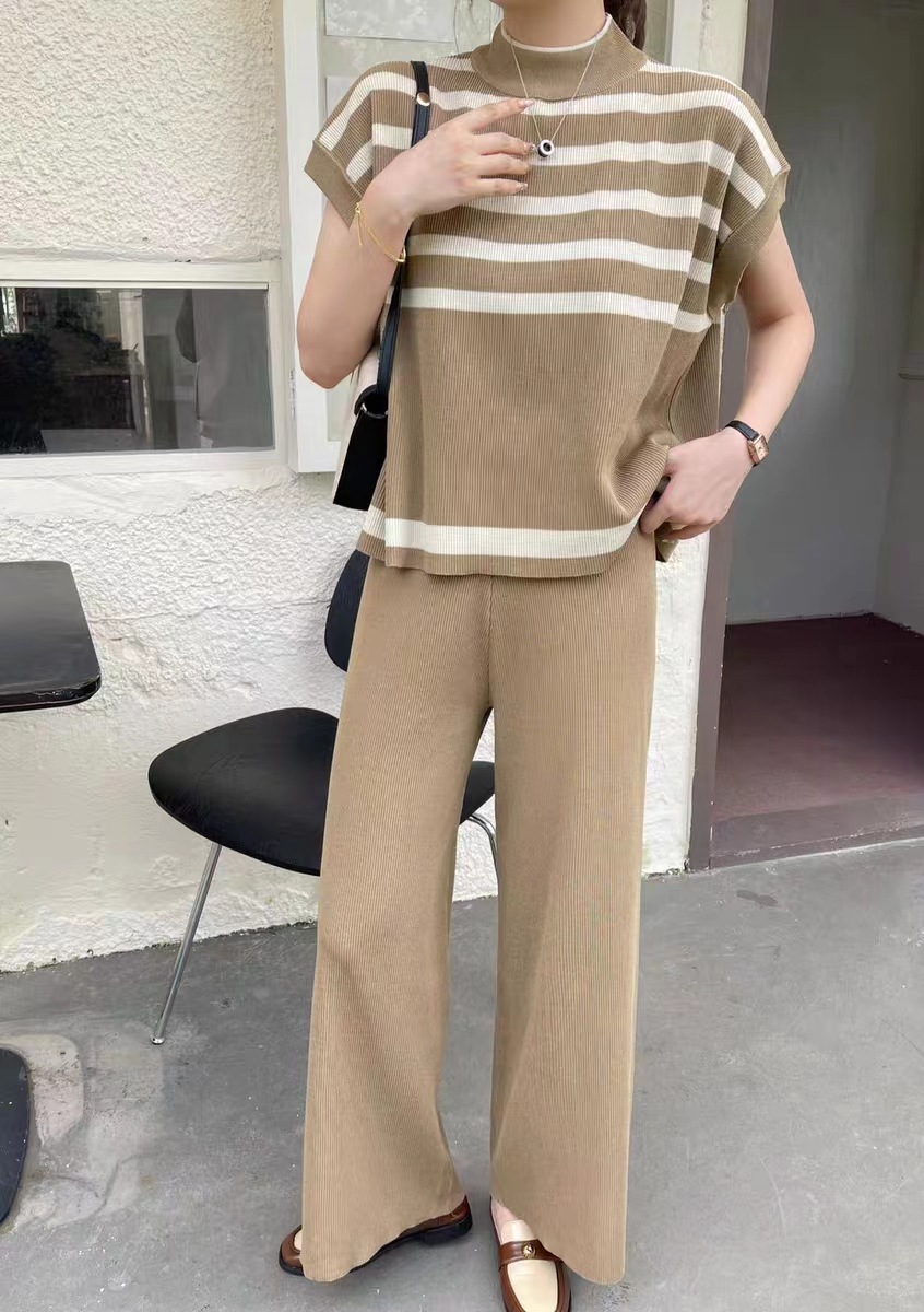 420g Weight Short Sleeve Sleeve Length Viscose fiber Fabric Type Pant Co-ord Set Sets Type 2 Pieces Set Quantity Daily Occasion Round Neck Neckline Regular Fit Fit Type Stripe Pattern Spring Season Women's Gender Elegant Style Daily Women's Elegant Stripe Viscose Fiber Pant Co-ord Set Pants Sets 14