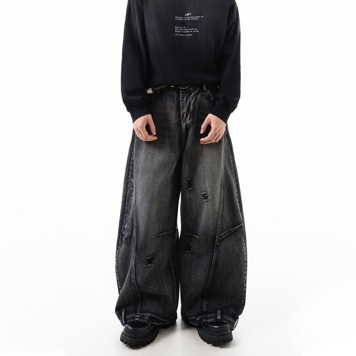 Men's Distressed Washed Denim Jeans Straight Leg High Street Vintage Style with Ripped Details_mkmklike.com