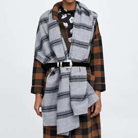 欧美新款秋冬季灰色条纹围巾超大长款仿羊绒加厚保暖披肩批发