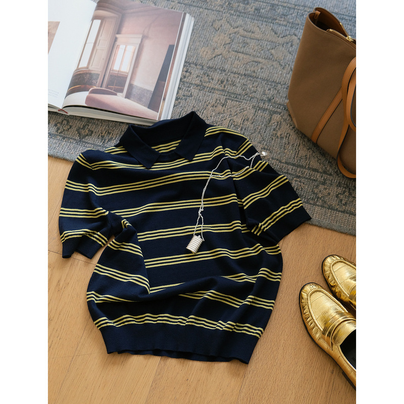 2025SS/special worsted wool age-reducing style slimming polo collar striped knitted short sleeve