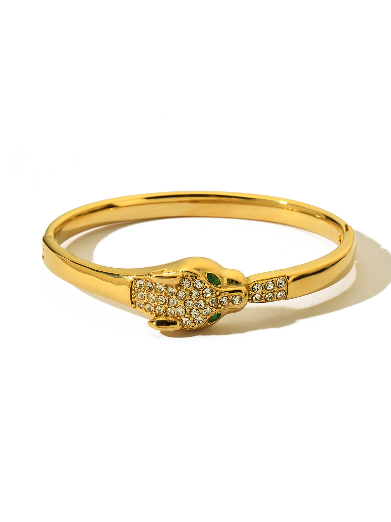 Bracelet ouvert incrusté de diamants léopard aux yeux verts populaire et très vendu, design de niche, bracelet haut de gamme miroir_voghion.com