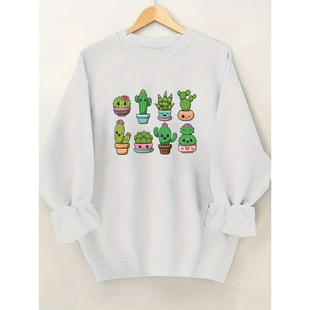 Cross-Border Export European and American Popular Styles, Direct Supply from Manufacturers, Cactus Print Pullover, Versatile Large Size Round Neck Sweatshirt