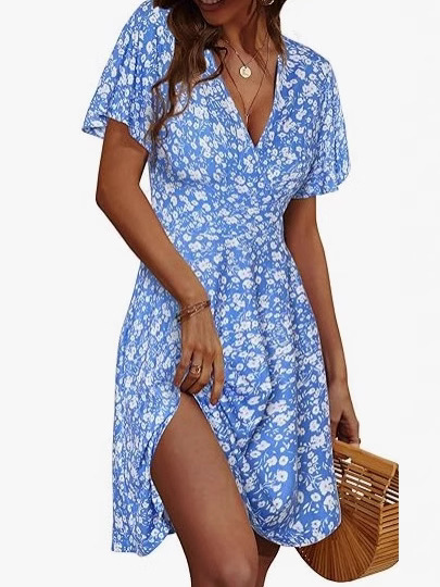 Amazon Cross-Border 2026 Summer Hot-Selling European and American Sexy V-Neck Floral Elegant Dress in Stock