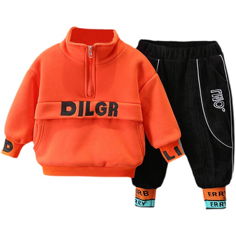 2056 traje de suéter para niños ropa de otoño e invierno 2025 nueva ropa para niños guapos para niños más terciopelo engrosamiento marca de moda para niños