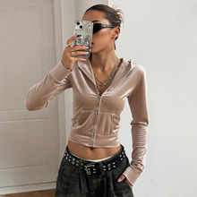 现货-73795#外贸欧美跨境女装丝绒连帽秋冬开衫休闲百搭女士卫衣