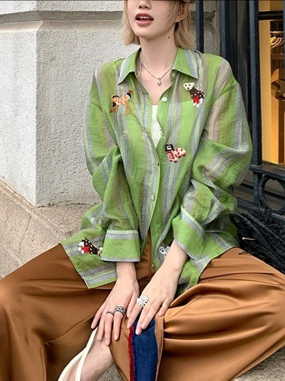 欧阳小狗刺绣轻薄防晒衬衫女夏季设计感小众复古衬衣宽松上衣|undefined