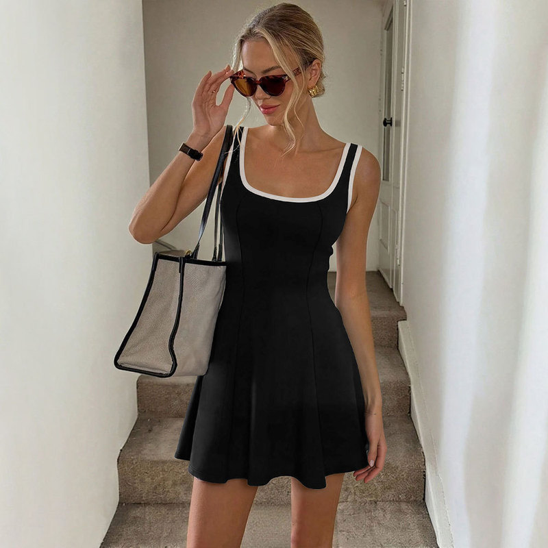 New Summer Style Sports-Style U-Neck Sleeveless Color-Blocked Trim Slim-Fit A-Line Short Tennis Dress for Women