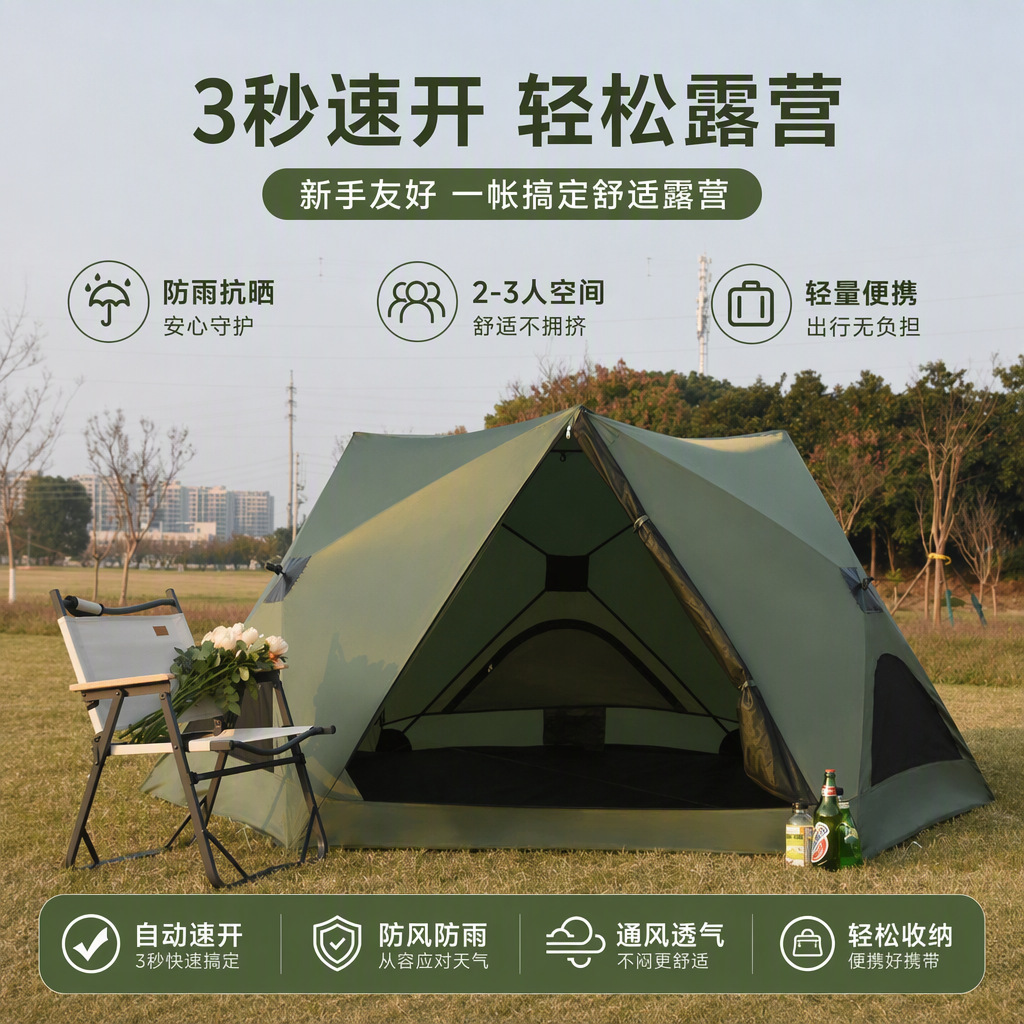源头工厂 户外露营帐篷 3-4人 全自动速开免搭建防雨防晒 野营帐 运动户外厂家批发实拍高清图