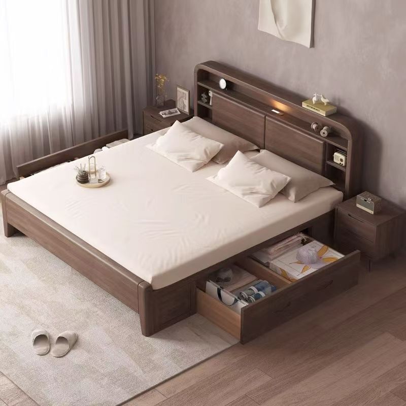 Walnut Wood Full Solid Wood Bed with Mortise and Tenon Joints, Double Bed with Night Light, Charging Bedside Storage Compartment, Master Bedroom Large Bed Walnut Wood Full Solid Wood Bed with Mortise and Tenon Joints, Double Bed with Night Light, Charging Bedside Storage Compartment, Master Bedroom Large Bed