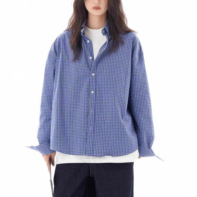 미국 레트로 블루 체크 셔츠 긴팔 남자와 여자의 감각 캐주얼 느슨한 올 매치 커플의 셔츠 재킷 트렌디