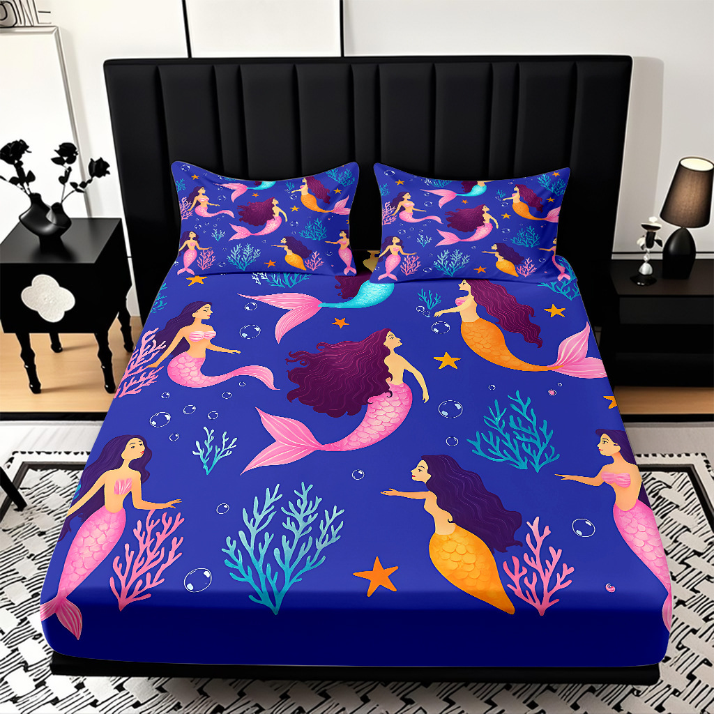 Modo JIT Temu serie de dibujos animados de sirena textil doméstico impresión digital cama de cama de cama kit fábrica de procesamiento