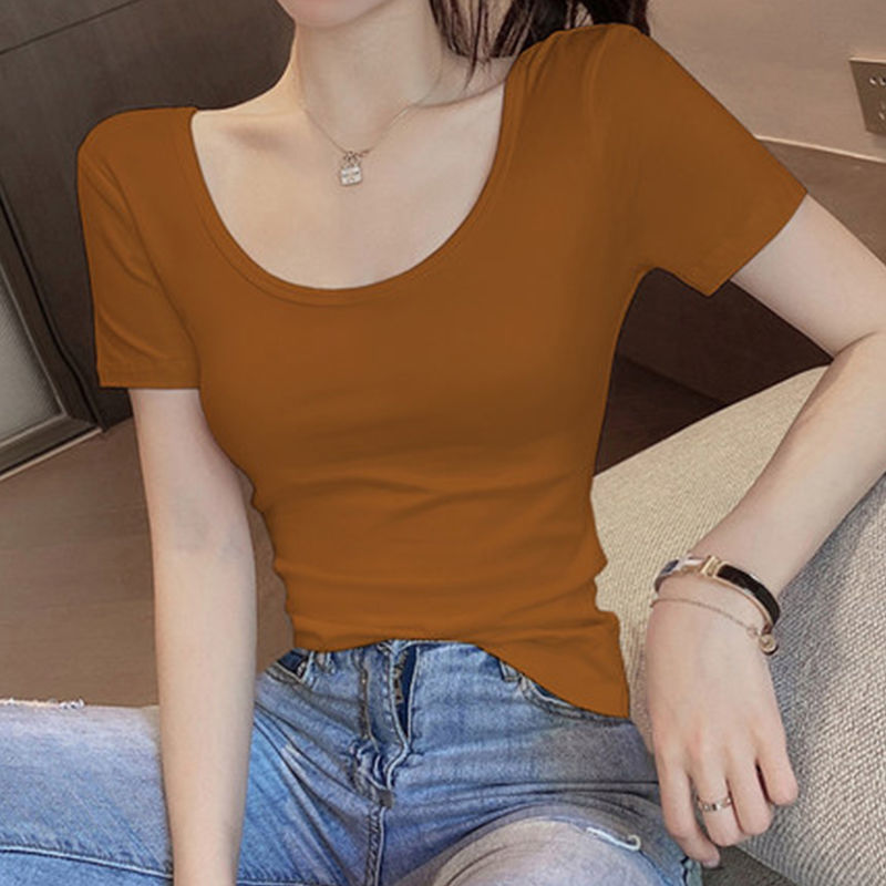 Camiseta blanca para mujer, manga corta, cuello en U, nuevo estilo de verano 2025, escote bajo, top delgado y ajustado, camiseta básica ajustada.