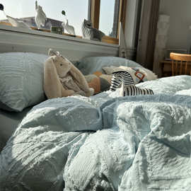 4A9Oins蓝色剪花水洗棉床上四件套全棉纯棉1.5米被套床单三件套少