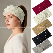 跨境新款秋冬纯色发带时尚钉珠防寒保暖发饰奥粒绒复古交叉头带女