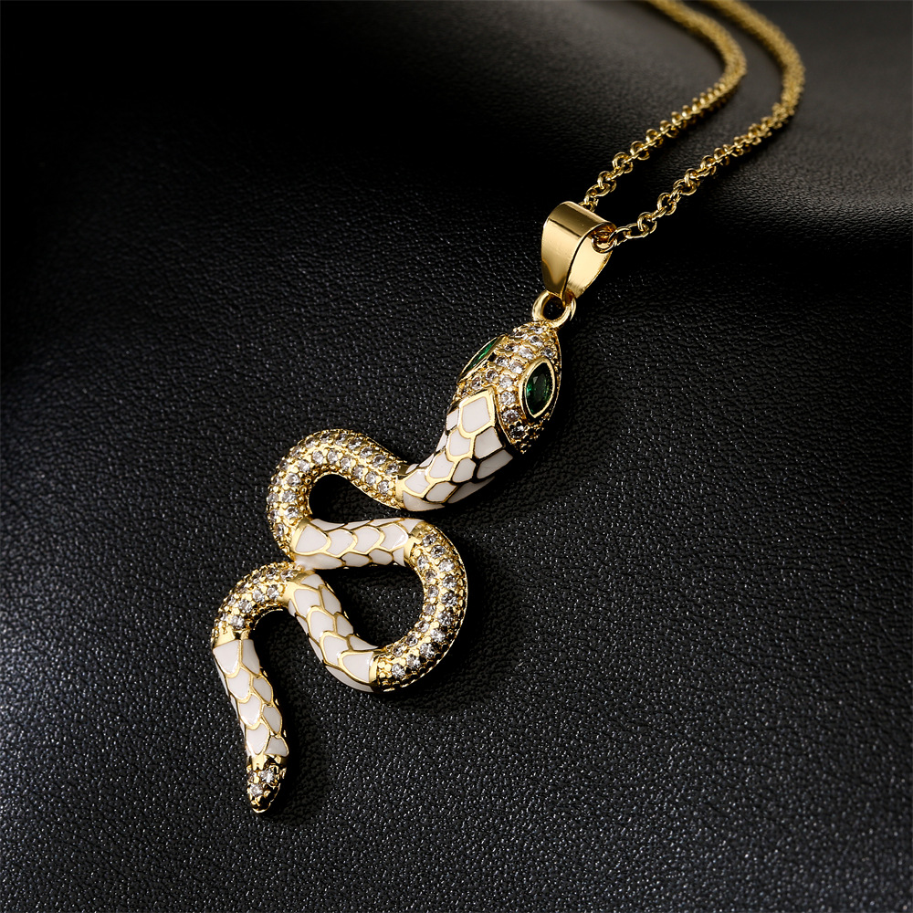 Fashion copper 18k gold color drip oil zircon snake pendant necklace
