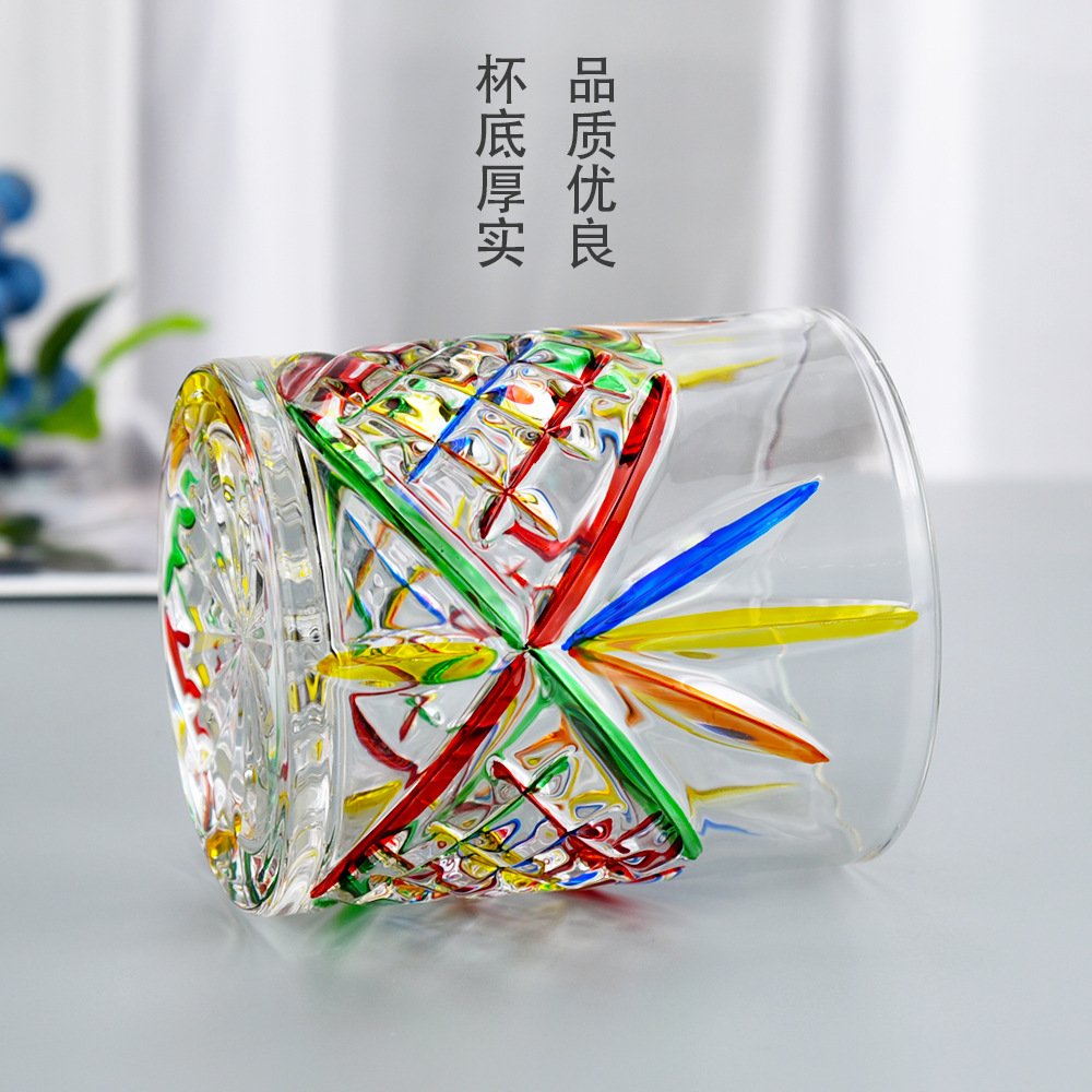 意大利设计师同款手工彩绘威士忌玻璃酒杯 七彩创意水杯家居摆件