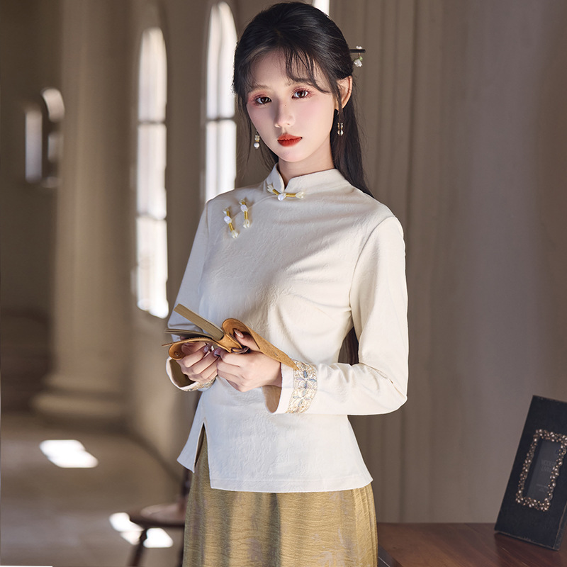 秋冬新中式套装国风盘扣丝绒衬衫女秋别致开叉打底衫旗袍领小上衣|undefined