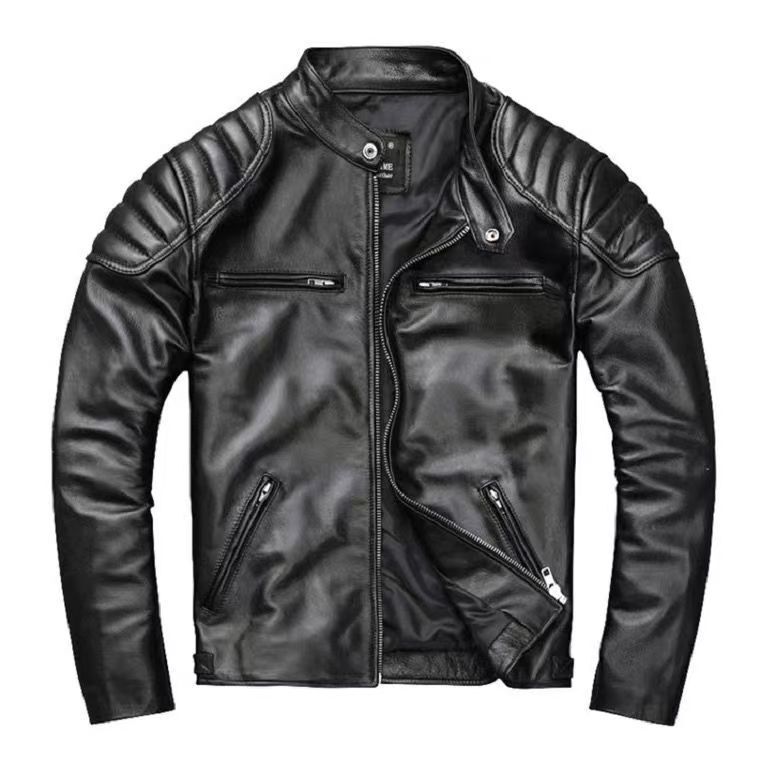 New Style Cowhide Texture Jacket, Vintage Distressed Leather Jacket for Men, Stand Collar Motorcycle Jacket, Short Slim-Fit Jacket, Trendy New Style Cowhide Texture Jacket, Vintage Distressed Leather Jacket for Men, Stand Collar Motorcycle Jacket, Short Slim-Fit Jacket, Trendy