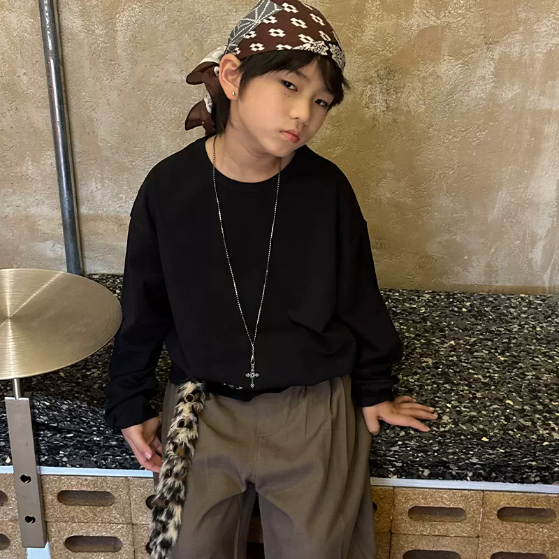 以鸿制衣男童长袖打底衫2025秋季新款纯色圆领微弹T恤儿童韩版t