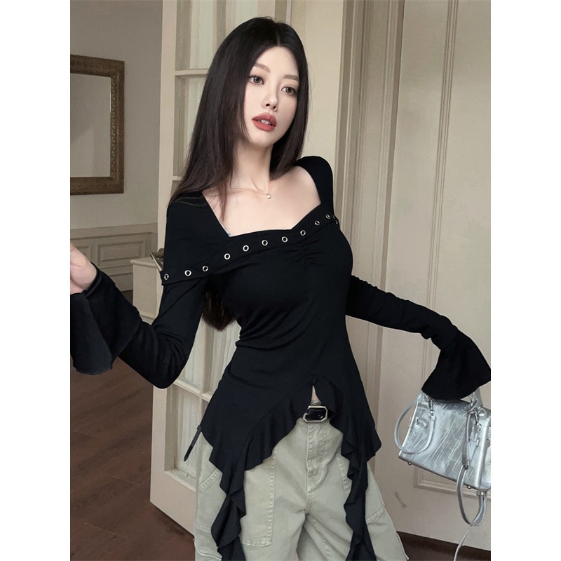 Original Modal Rayon] Style Early Autumn Versatile Square Collar Ruffled Long-Sleeved T-Shirt for Women Black
