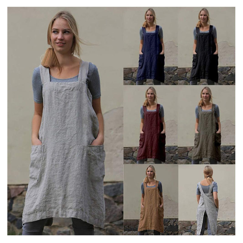 Customized-European and American Amazon cross-border Women's cotton and linen apron simple home wear loose mid-length dress