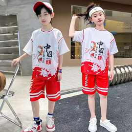 儿童国潮夏季短袖T恤套装男女童潮酷表演舞台服中学生运动篮球衣