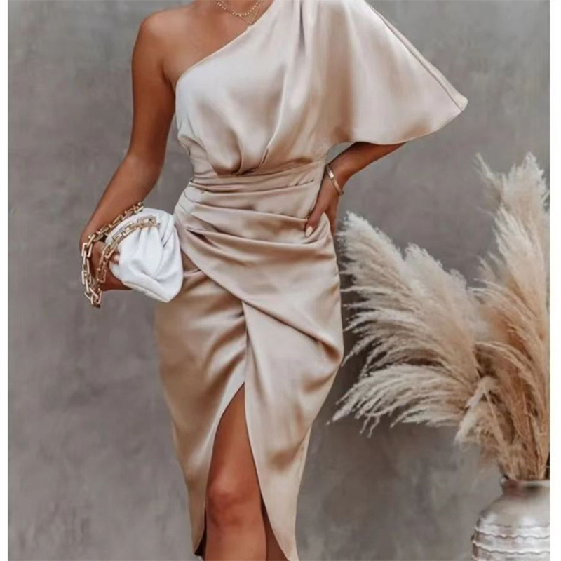 Summer New Cross-Border Women's Clothing High-End Party Dress Ins Off-Shoulder Long Dress with Slit Evening Dress