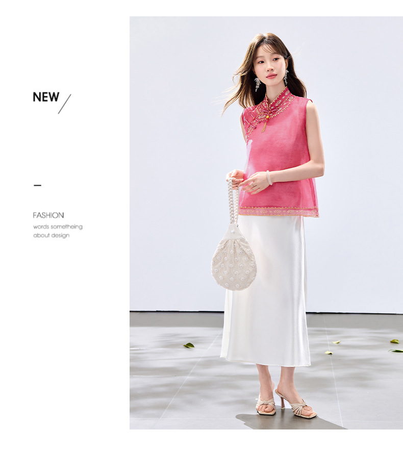 Đầm hai dây kèm áo vest lửng thêu hoa cổ đứng nữ tính — màu hồng đậm, Xanh lục chi tiết 11